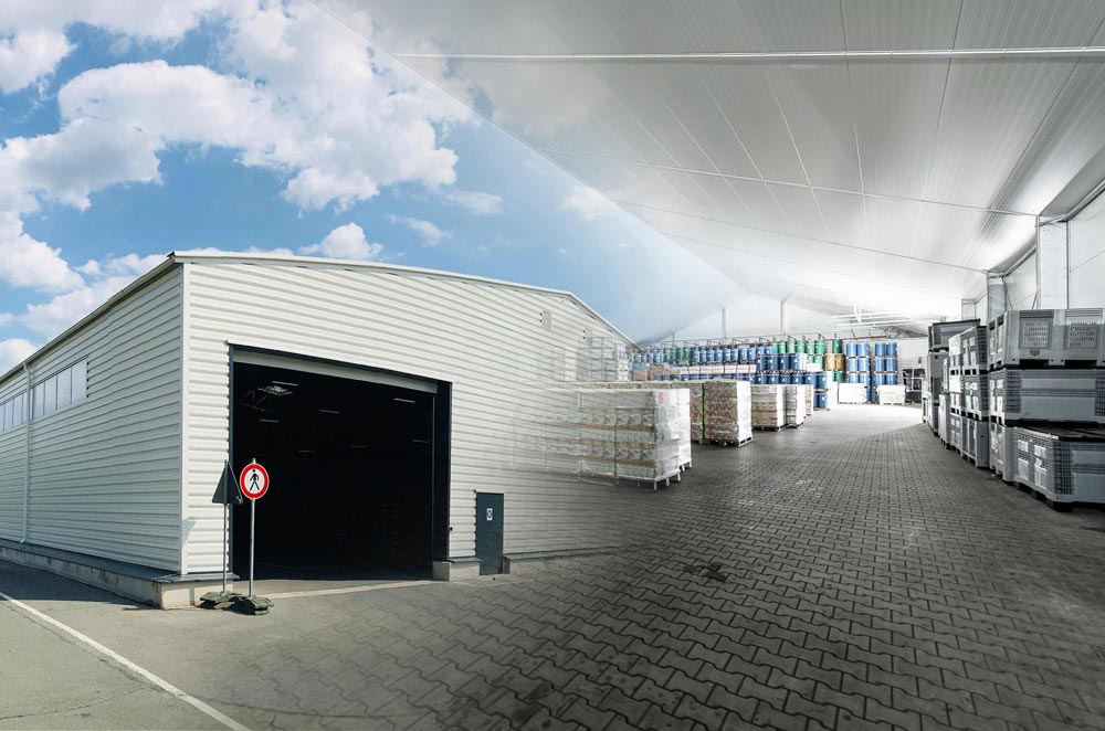 Photo composite of a Big Box warehouse external and internal